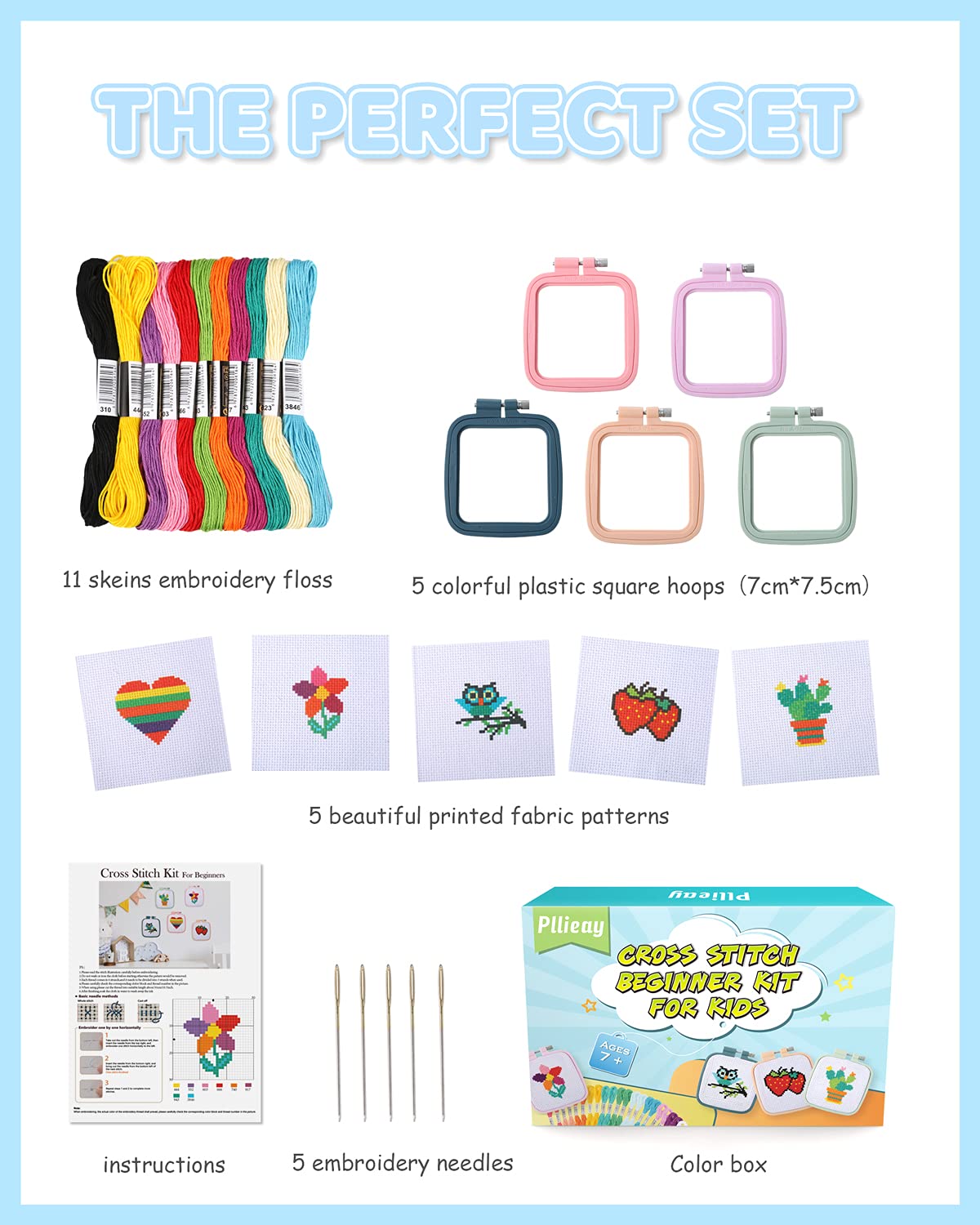5PCS Cross Stitch Kits for Beginners for Kids 7-13, Includes 5 Project Patterned and 5pcs Square Embroidery Hoops, 11 Skeins, Needle Point Starter Kit Sewing Set with Instructions