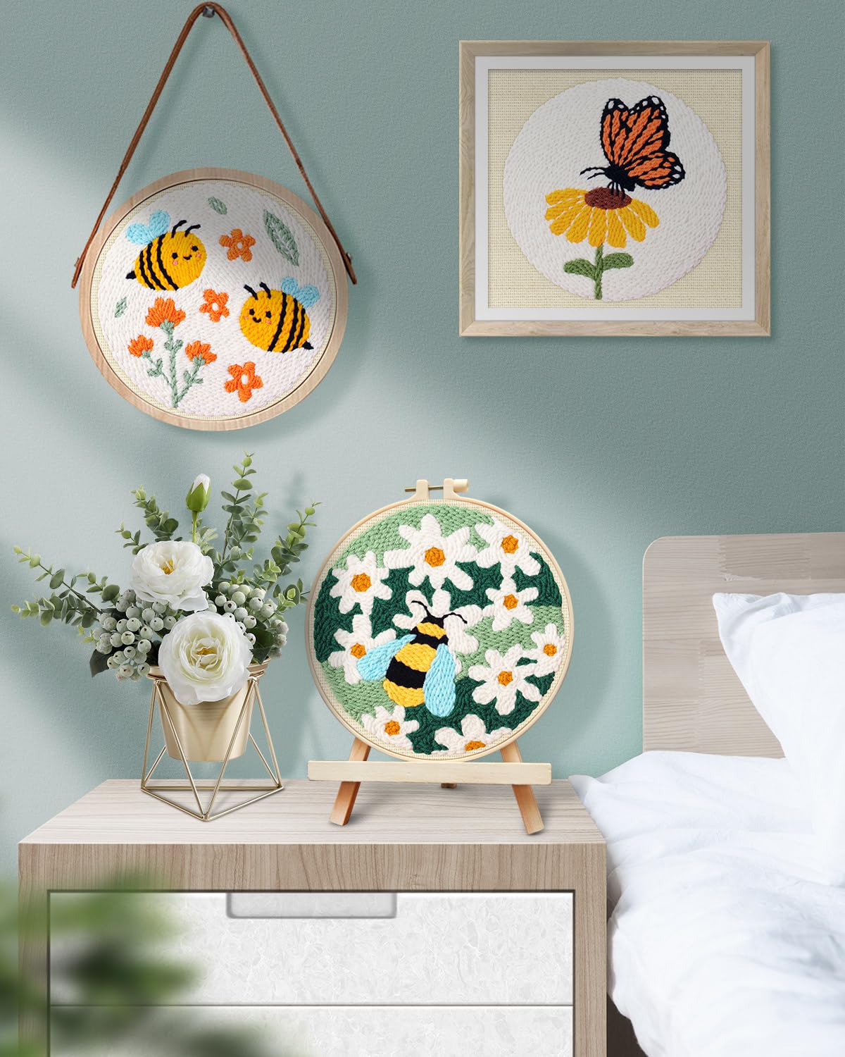 3 Sets Punch Needle Kits, Flowers Punch Embroidery Kits for Adults Beginner, Tool with Punch Needle Fabric, Hoops, Yarns and Sewing Needles