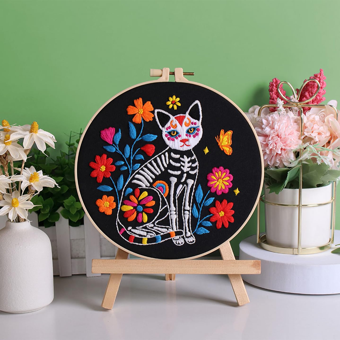 3 Sets Halloween Embroidery Kits for Beginners,Cross Stitch Kit for Adults,DIY Starters Needlepoint with Skull Flowers Pattern,Including Instruction