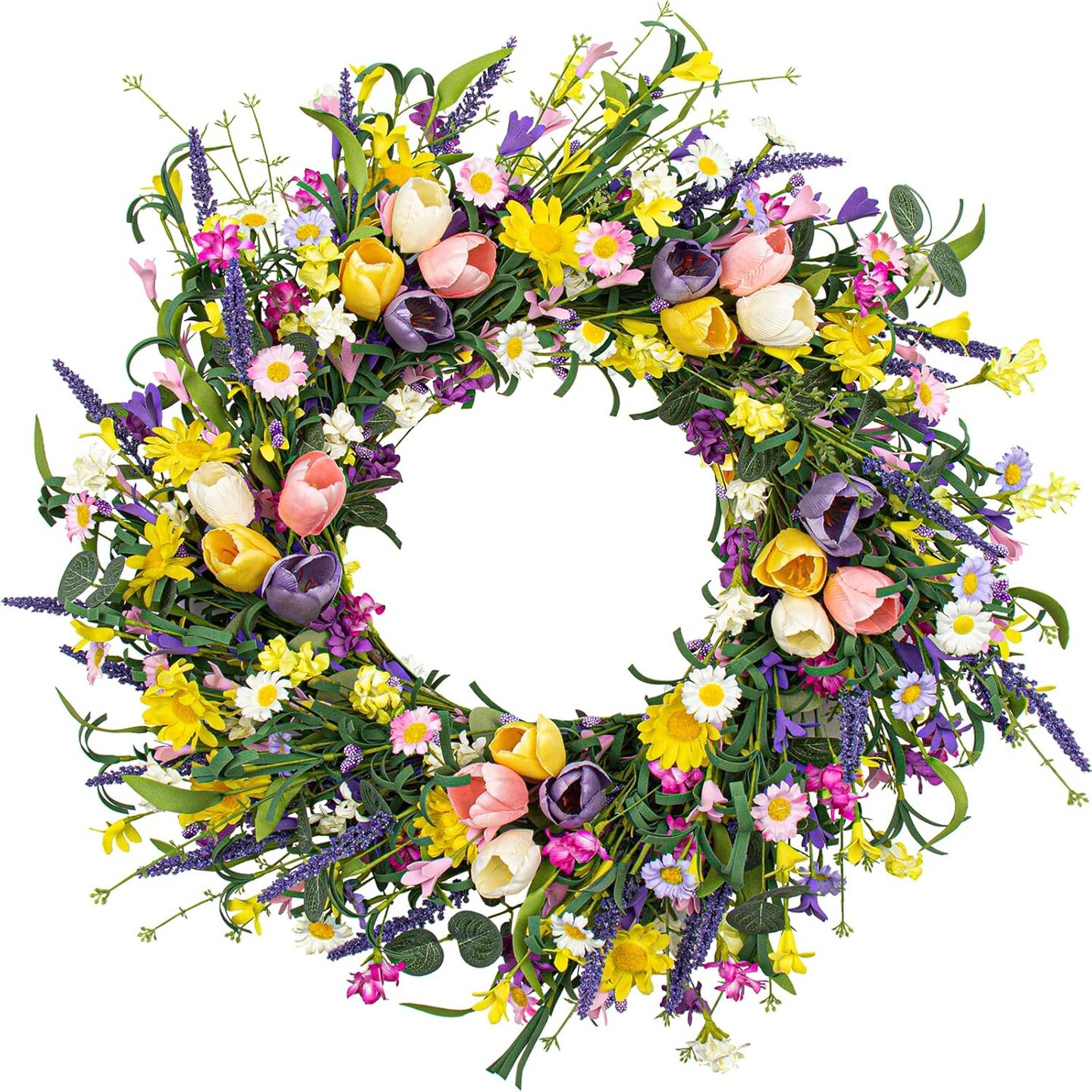 22-Inch Handmade Spring & Summer Wreath for Front Door – Artificial Tulip, Daisy & Lavender Floral Wreath on Natural Grapevine Base for Indoor & Covered Outdoor Décor
