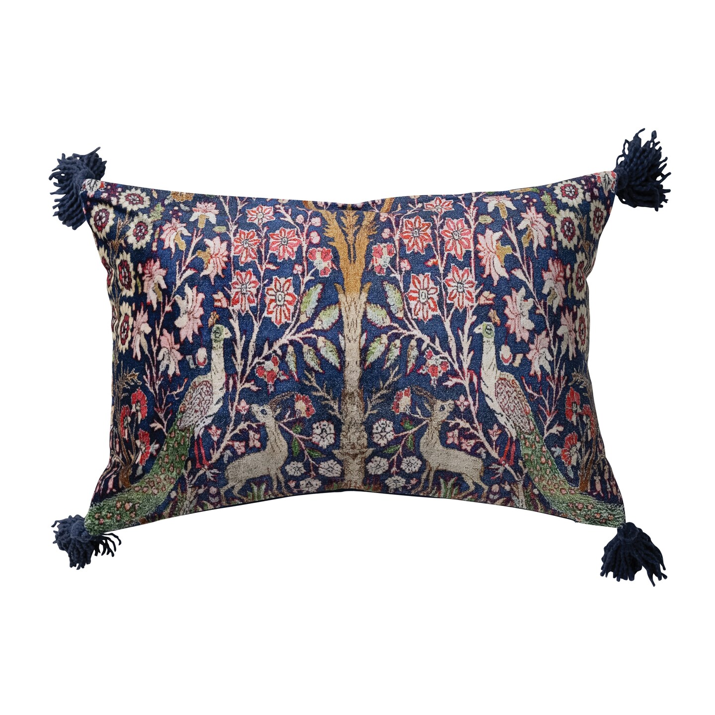 Hello Honey Woodland Print Tassel Cotton Velvet Lumbar Pillow, Multicolor Finish