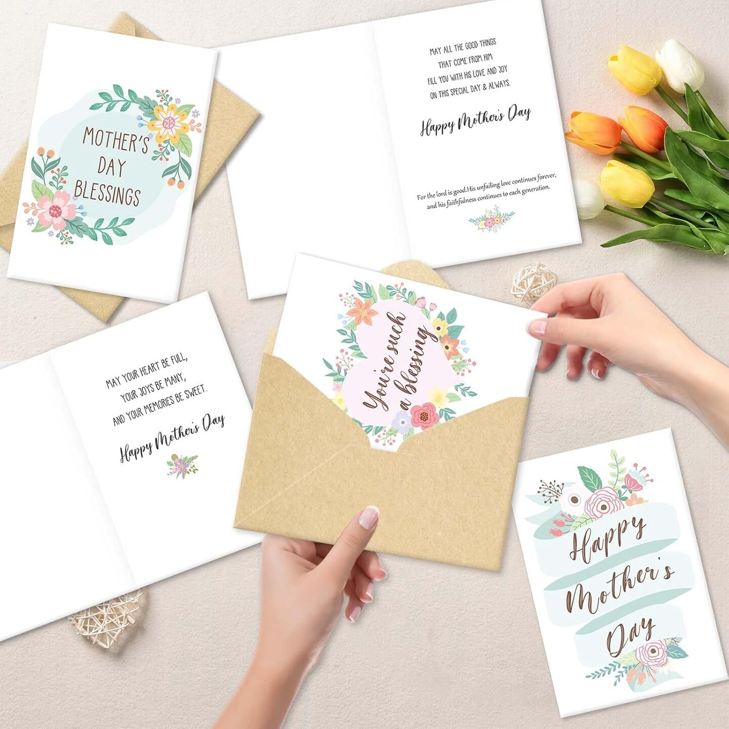 Mother’s Day Card Making Blessing Greeting Card Set – 24 Pack Floral Scripture Cards with Envelopes, 8 Assorted Designs 4×6 Inch Bulk Box for Mom, Wife & Family