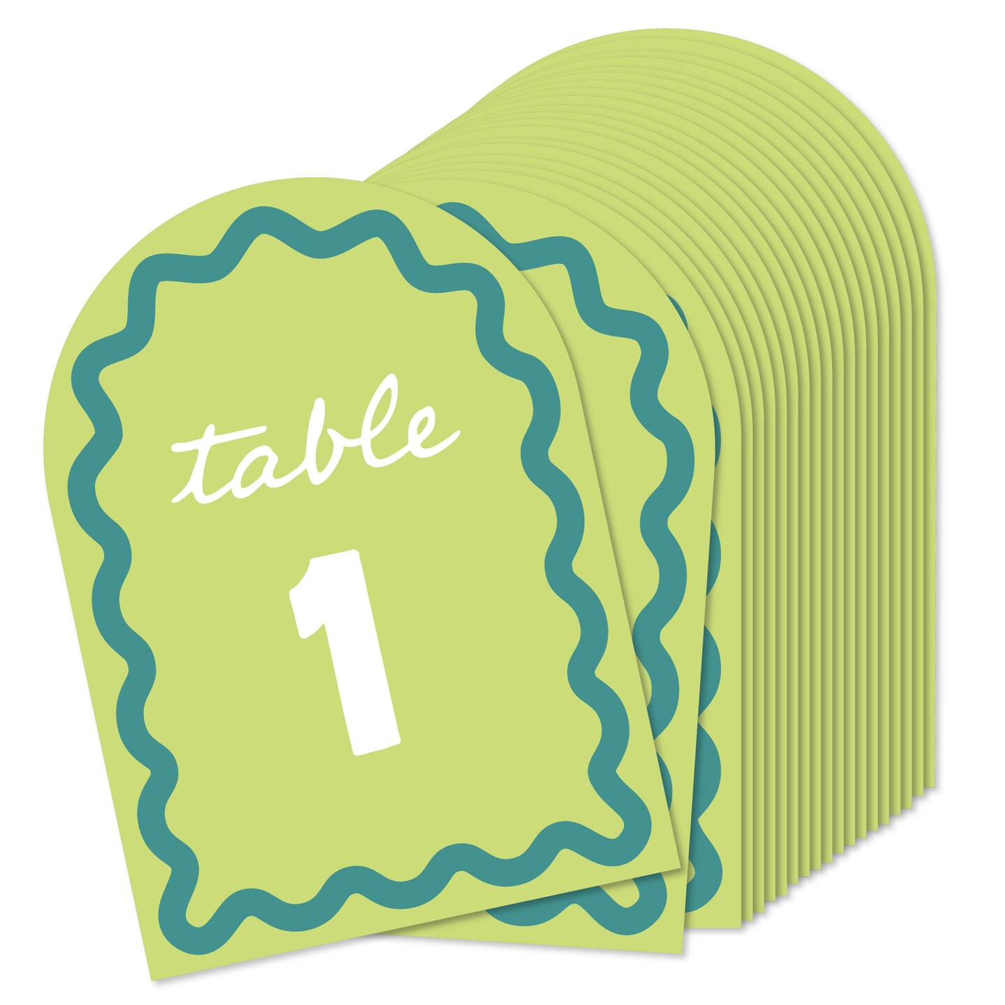 Big Dot of Happiness Light Green and Teal Wavy Table Numbers, Retro Wedding or Birthday Party Centerpieces, Double-Sided 5" x 7" Cards, Numbers 1-20