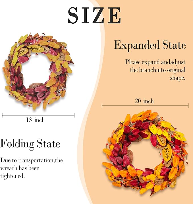 20 Inch Fall Wreath, Artificial Fall Wreaths for Front Door with Fall Artificial maple leaf & Pine Cones & Berries, Autumn Wreath Decor Front Door Indoor or Outdoor Wall Home Party Decoration