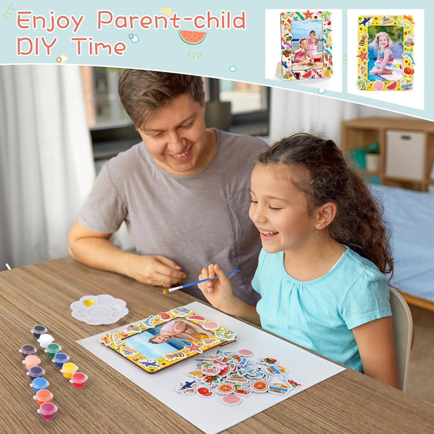 24-Pack Summer Picture Frame Craft Kit – Includes 150 Stickers, 2 Rhinestone Sticker Sheets, 4 Brushes & Painting Tools for DIY Kids Crafts and Room Decor