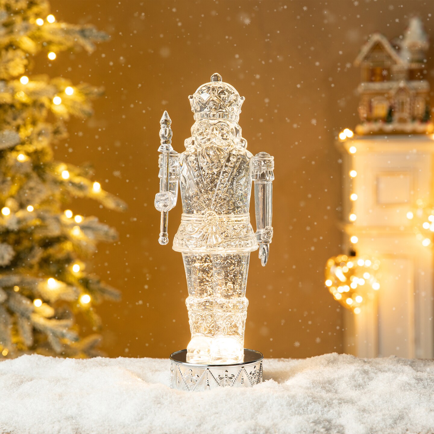 Set of 2 12.5&#x22;H Lighted Acrylic Crystal Nutcracker Figurine Waterglobe