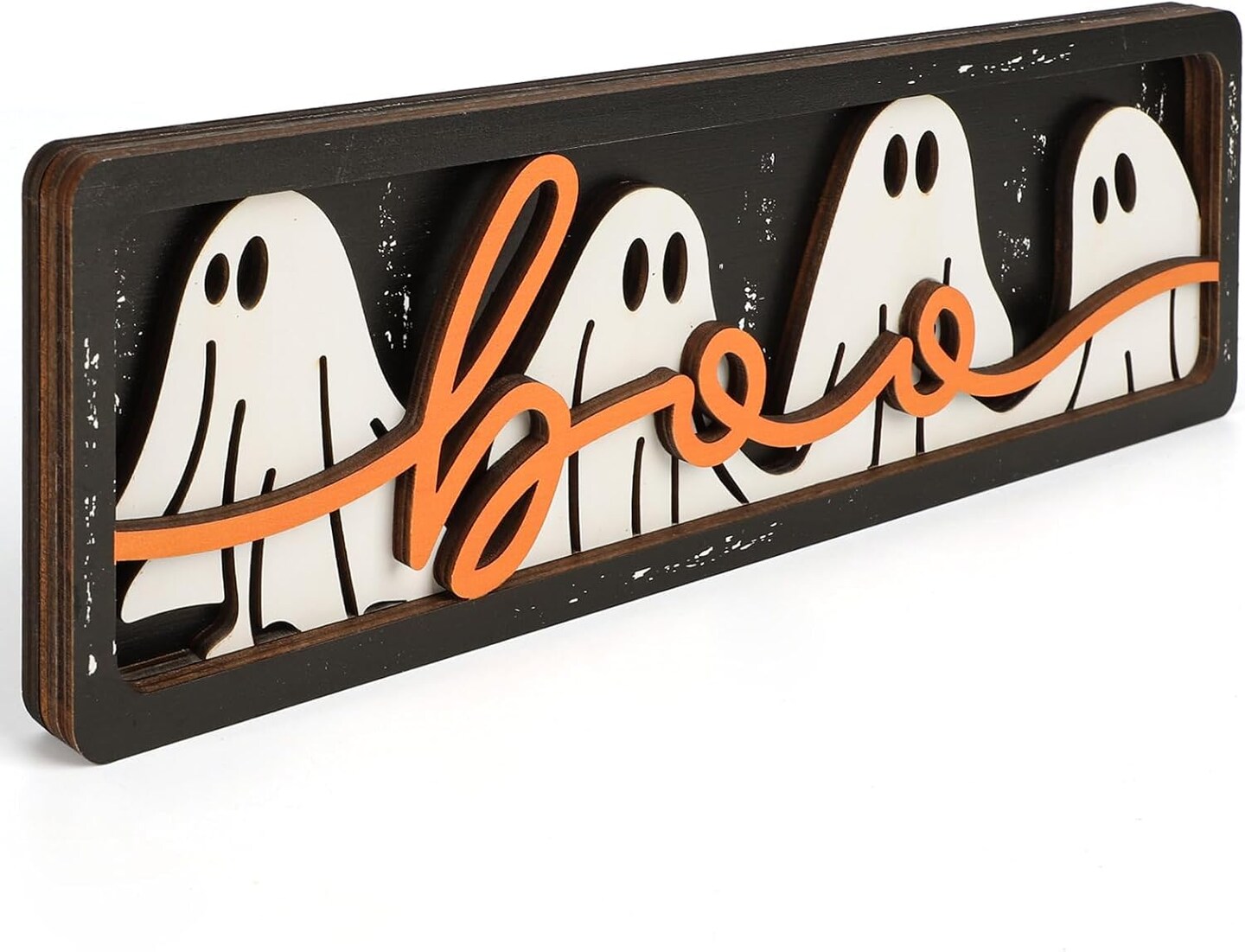 Vintage Halloween BOO Wooden Sign Decor, Retro Black Orange Ghost