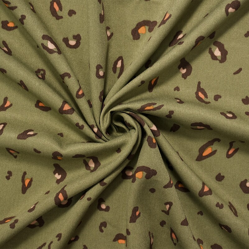 Green-Brown-Multi Cotton Leopard Printed Twill Woven Fabric By the Yard