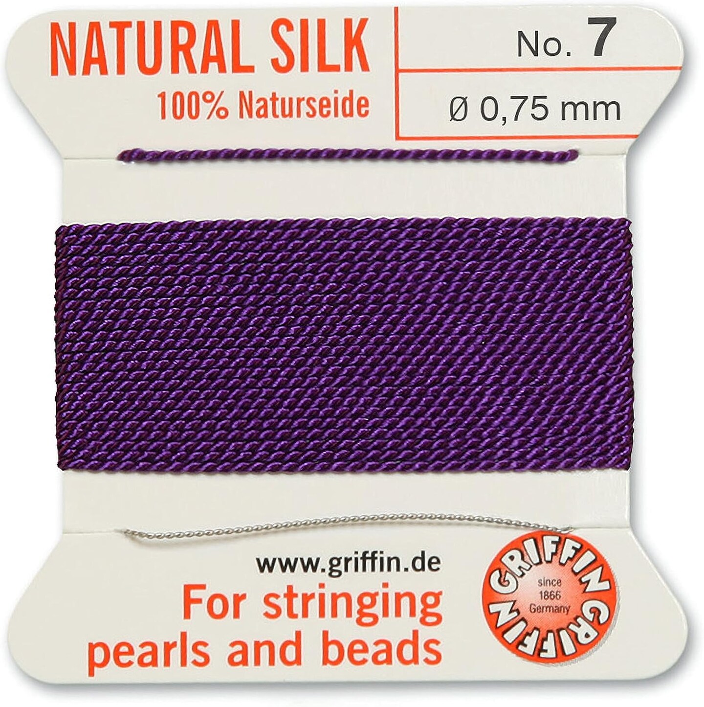 Griffin Silk Bead Cord Perlseide – Size 7 (0.75mm) – 2 Meters per Card – Stainless Steel Needle Attached – for Knotting Pearls, Gemstones, Crystals and Beads