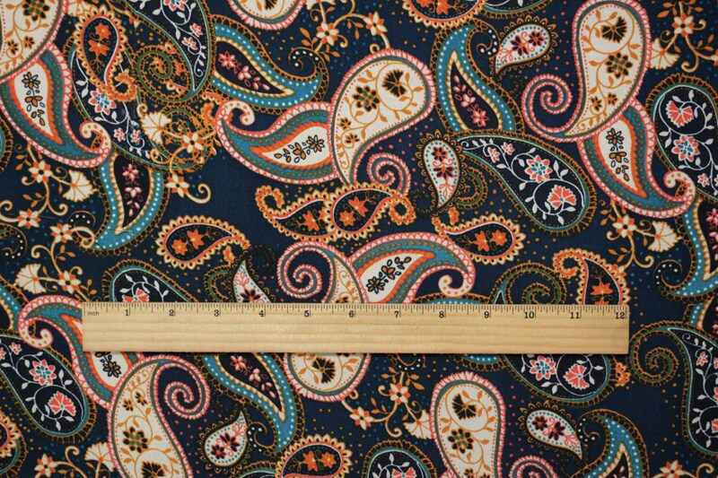 Blue-Ivory-Multi Rayon Paisley Printed Crepe Faille Woven Fabric By the Yard