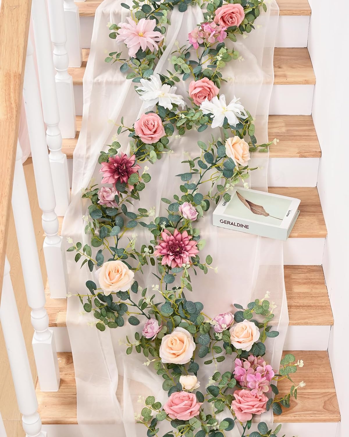 Spring Floral Garlands – 6.07 Ft Pink Rose & Eucalyptus Flower Garland, Artificial Greenery Vine for Wedding Table Runner, Centerpieces, Backdrop, Room Décor