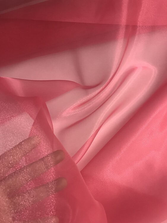 1 Yard Pink Coral Crystal Organza Sheer Fabric for Sewing and Party Decor