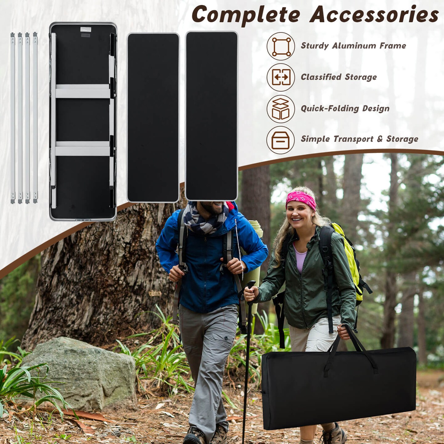 Black Outdoor Folding Table with 2-Tier Shelf for BBQ and Camping