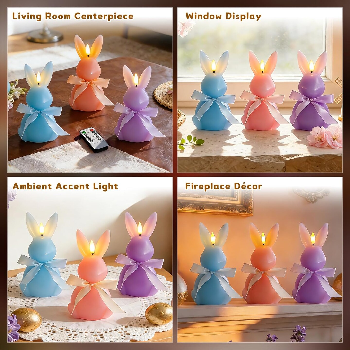 3 Pcs Easter Bunny Flameless Candles, Battery Operated Led Candle Light with Remote, Real Wax Rabbit Shaped Candle Gift Set, 3D Flickering Flame, NO Batteries Included, 7.3"x4"