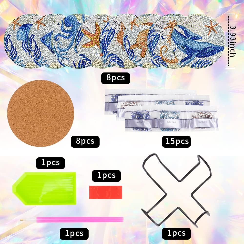 8PCS Ocean Diamond Art Coasters Kit with Holder & Cork Pads – DIY 5D Diamond Painting Coasters for Adults, Beginners, Perfect Gift for Home Decor
