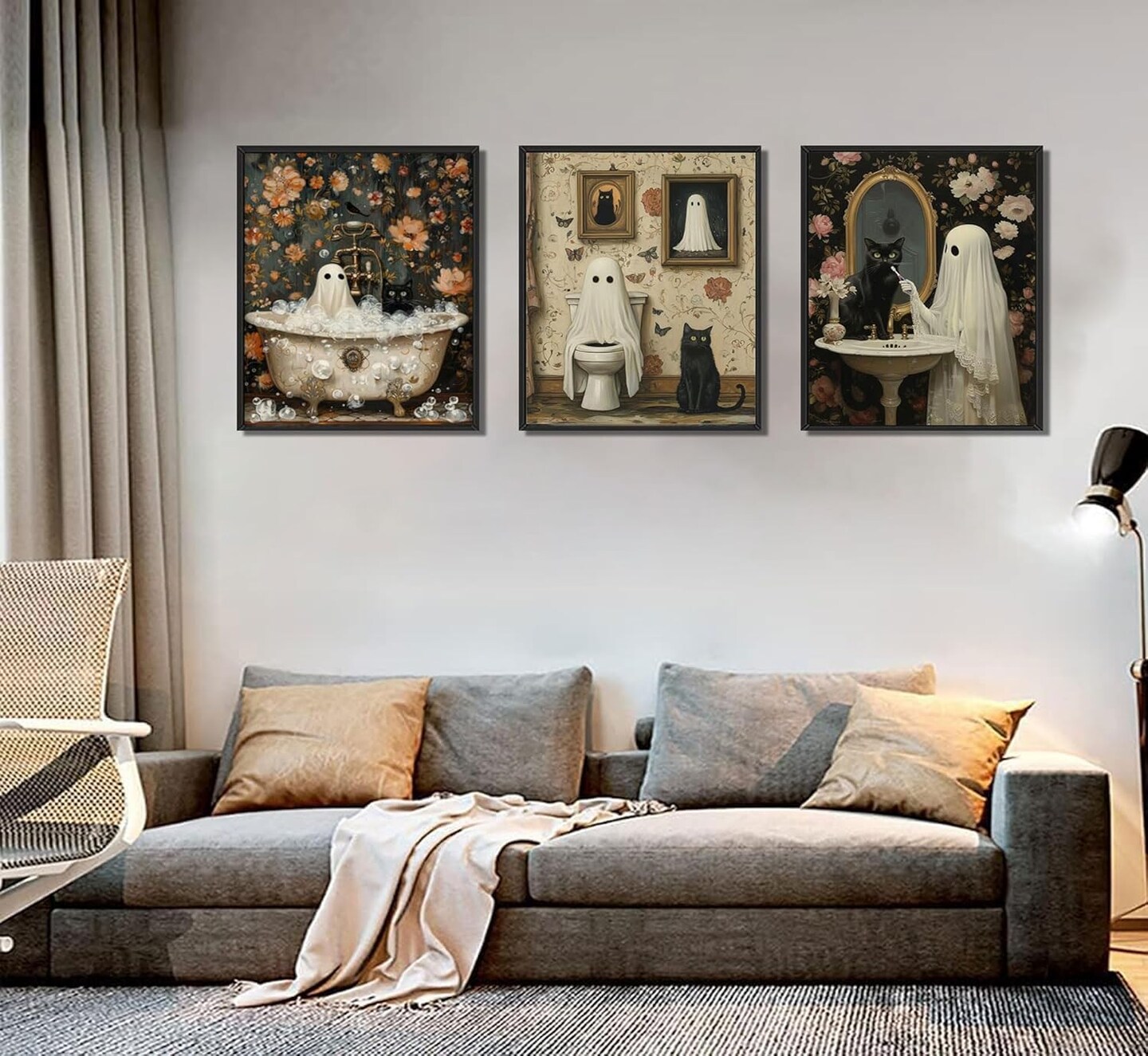 Halloween Ghost Wall Art Set – 3PCS Retro Horror Posters with Ghosts & Black Cat, Creepy Dark Academia Bathroom Decor for Gallery, Home & Halloween Decorations