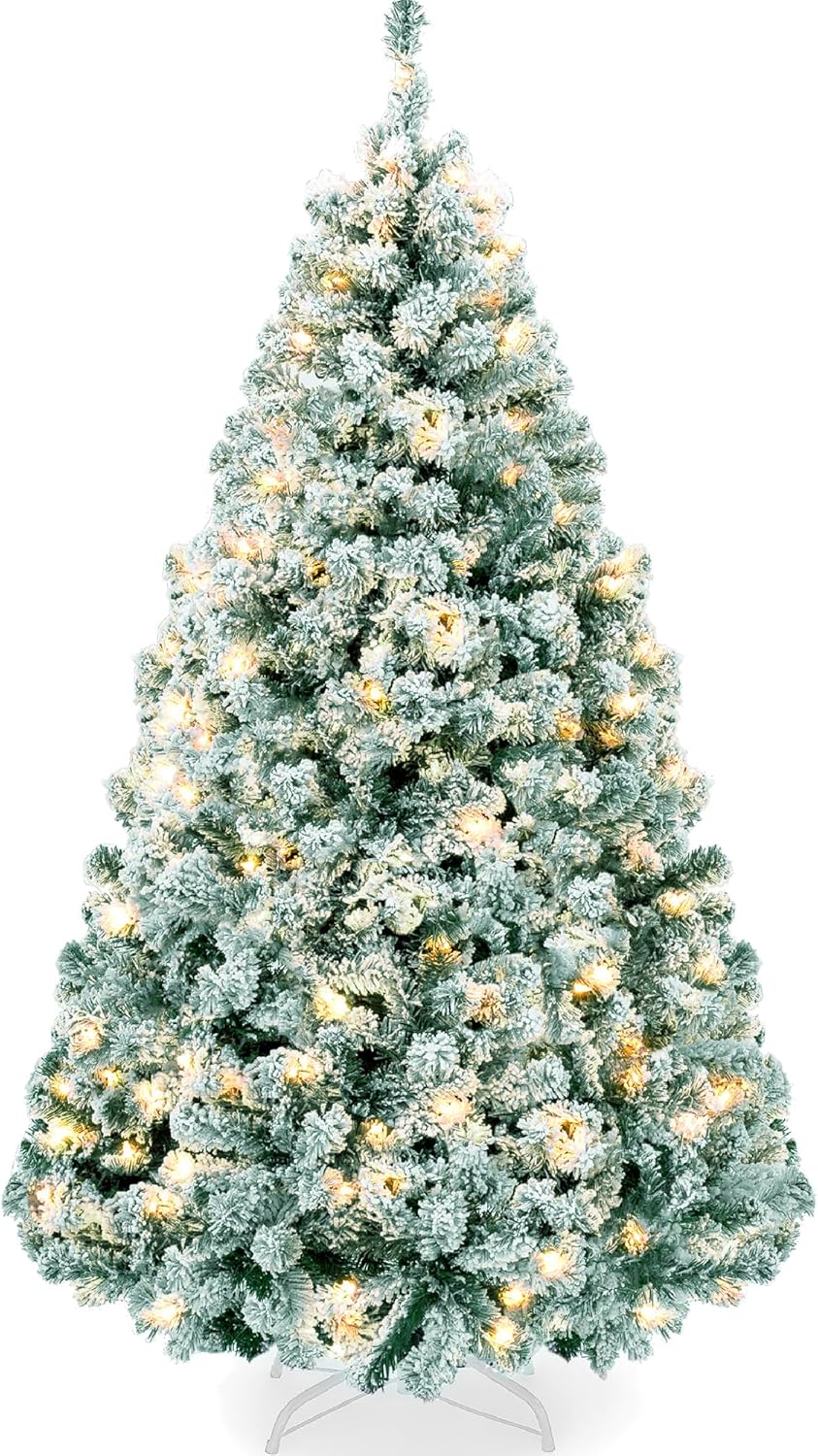 Snow Flocked Christmas Tree Full Pine with 250 White & Multicolor LED Lights, 928 Tips & Foot Switch Control