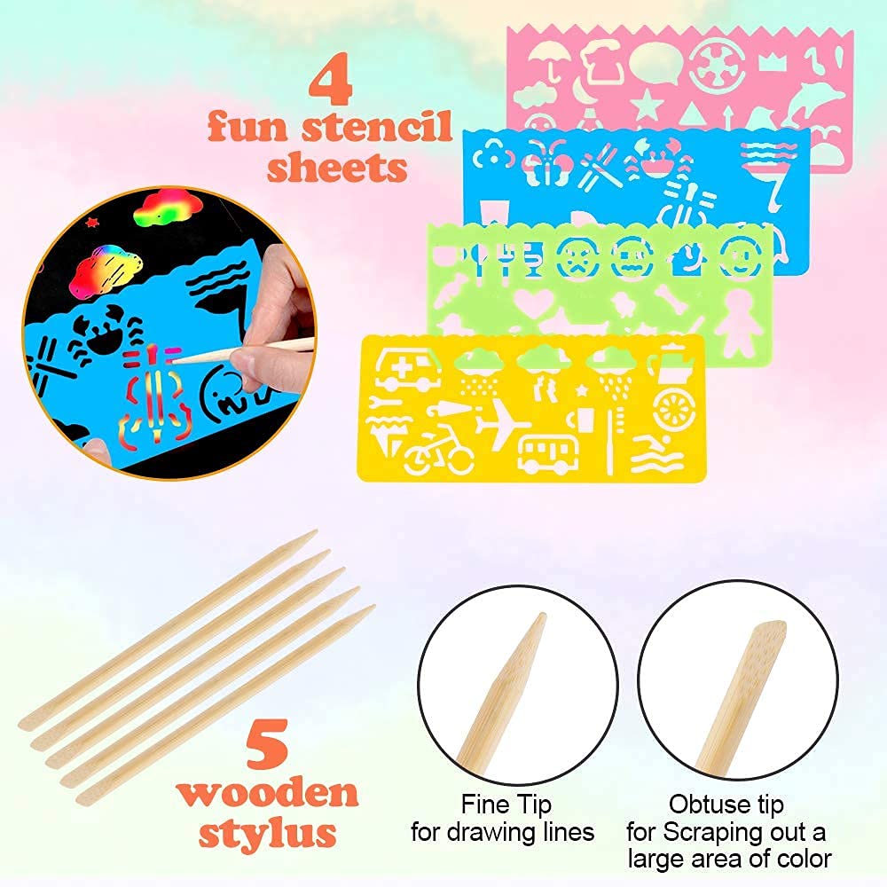 60 Pcs Rainbow Scratch Art Paper for Kids, Magic Scratch Paper Set Art and Craft Kit, Black Scratch Sheets for Party Game Activities Birthday Gifts Toys Girls Boys 3 4 5 6 7 8 9 10 Years Old