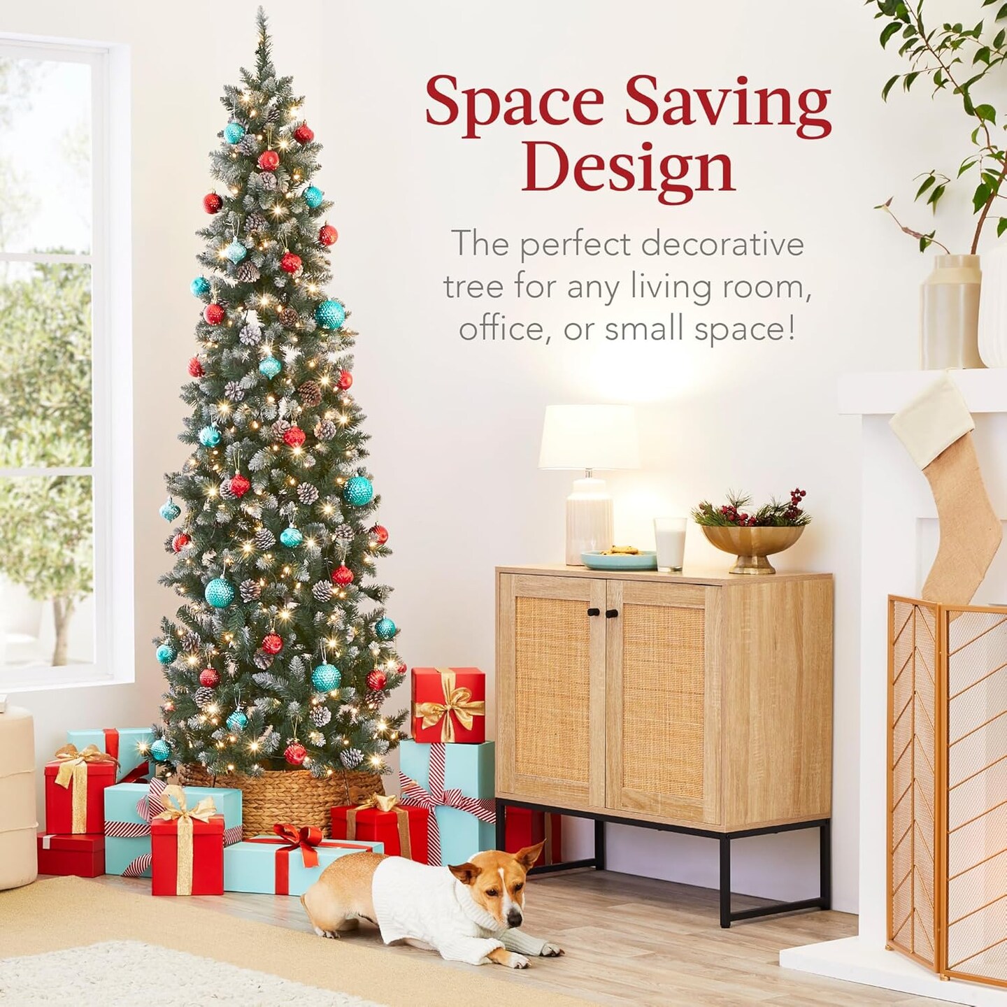 Pencil Christmas Tree Slim Frosted Tree with 250 Lights &#x26; Foldable Stand for Space Saving Holiday Decor