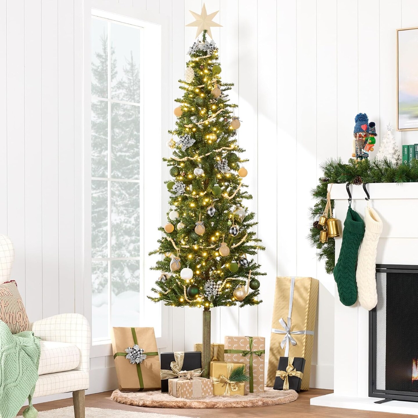 Pre Lit Pencil Christmas Tree Slim Alpine Design with LED Lights, Hinged Branches &#x26; Metal Stand