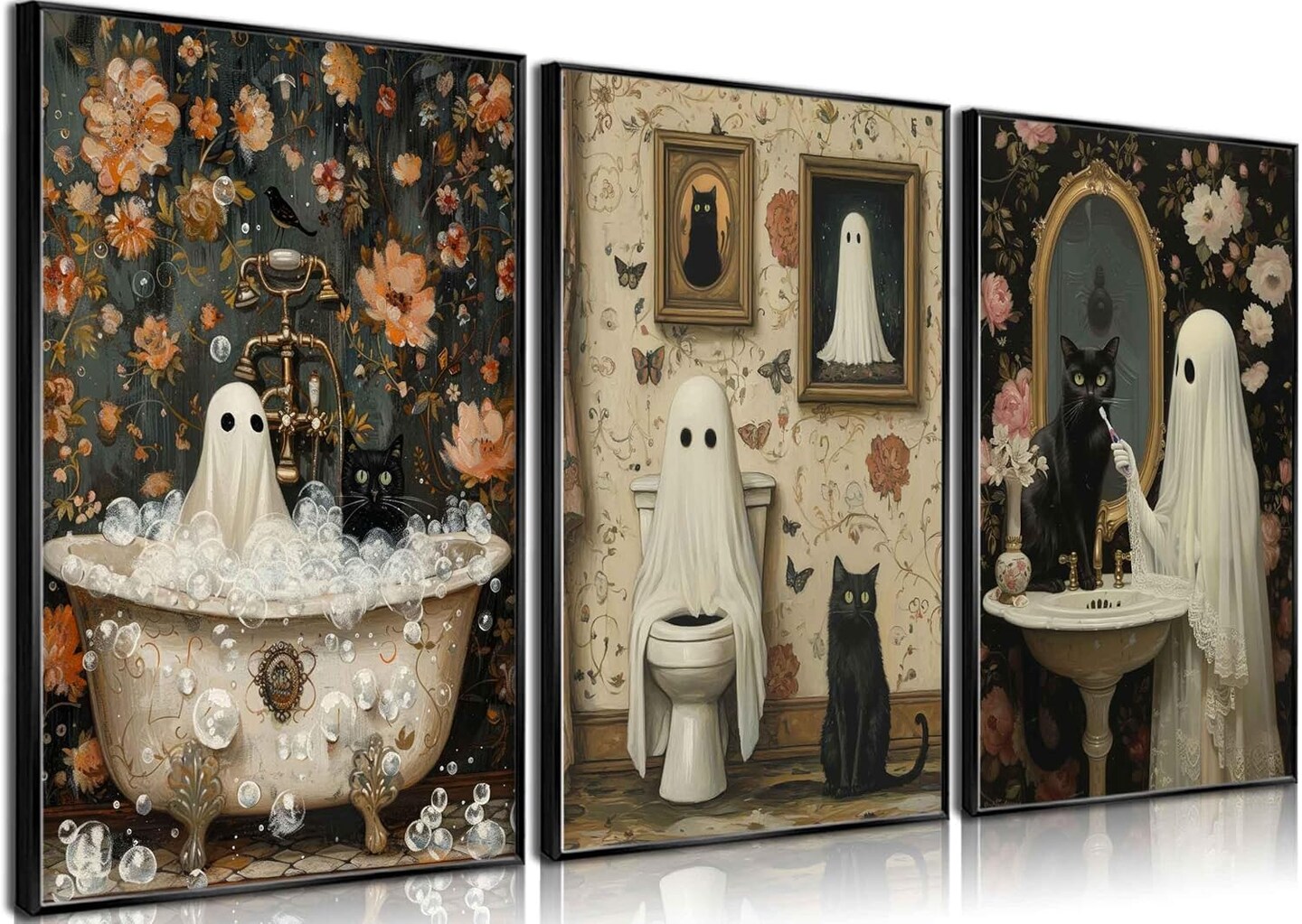 Halloween Ghost Wall Art Set – 3PCS Retro Horror Posters with Ghosts & Black Cat, Creepy Dark Academia Bathroom Decor for Gallery, Home & Halloween Decorations