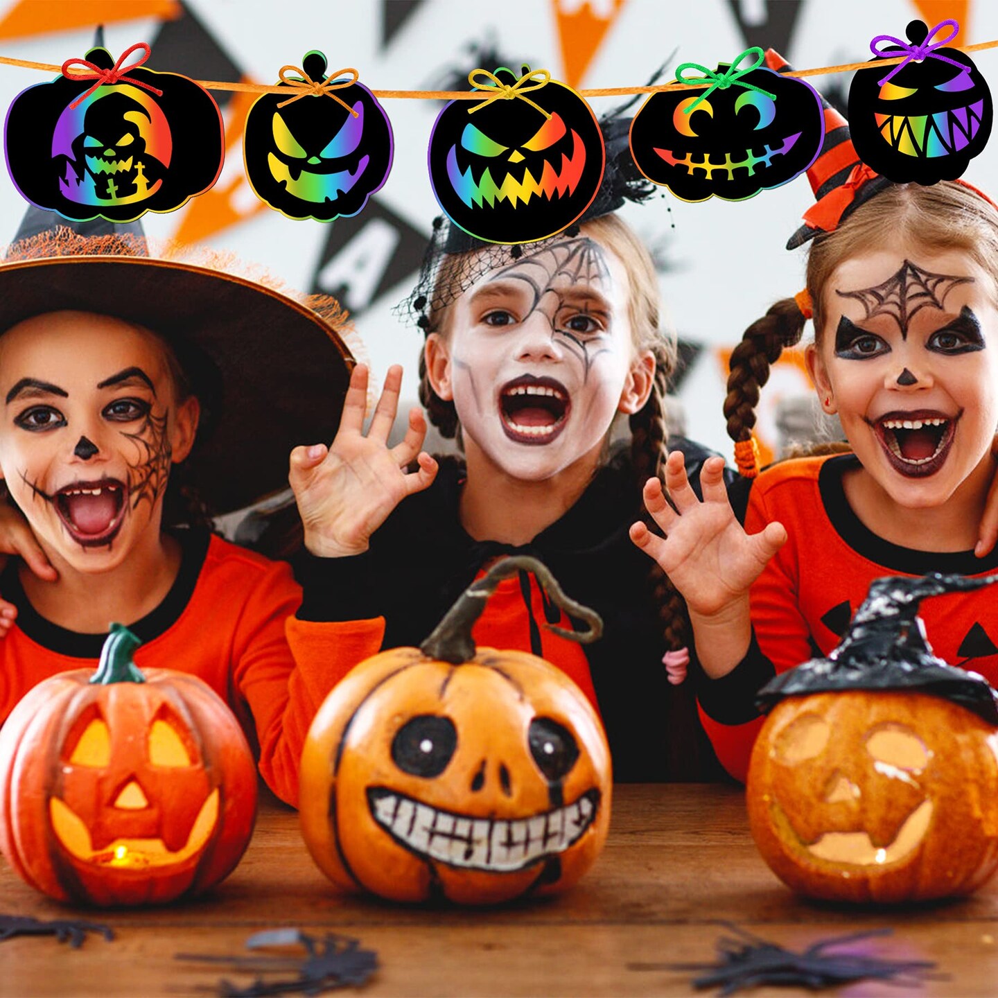 36 Pieces Halloween Scratch Paper Crafts Kit Bulk of Halloween Pumpkins Magic Rainbow Scratch Art for Kids DIY Party Ornaments Halloween Decor with 12 Wooden Sticks and 36 Colorful Ribbons