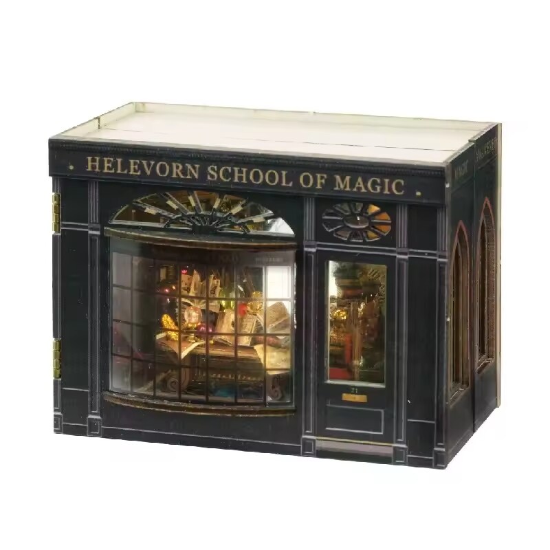 Helevorn School of Magic Dollhouse Kit - Miniature Wizardi Roombox Kit with LED Light F07M51-62-MINI-110