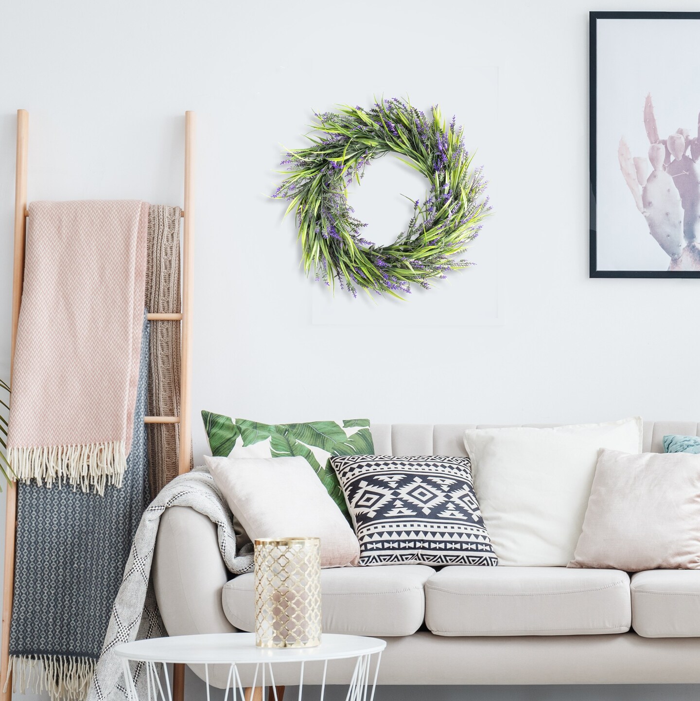 16&#x201D; Lavender Wreath Front Door Small Artificial Flower Farmhouse Purple Wreath for Wall Window Wedding Decor Outdoor Indoor Home Decoration