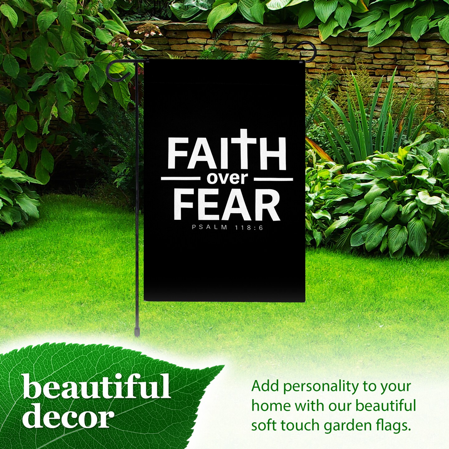 G128 Combo Pack Garden Flag Stand Black 36x16IN & Garden Flag Faith Over Fear Scripture Printed 12x18IN Double Sided Yard Garden Lawn Decoration