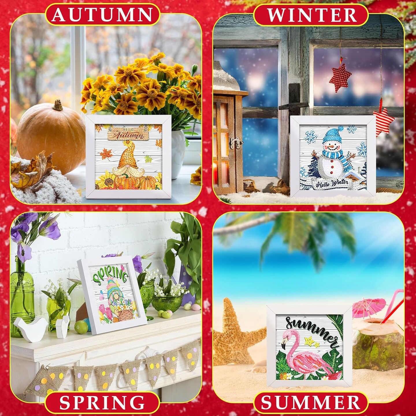 13-Pc Seasonal Diamond Painting Kit with Frame, Easter/Spring/Summer Designs, Multi-Color.