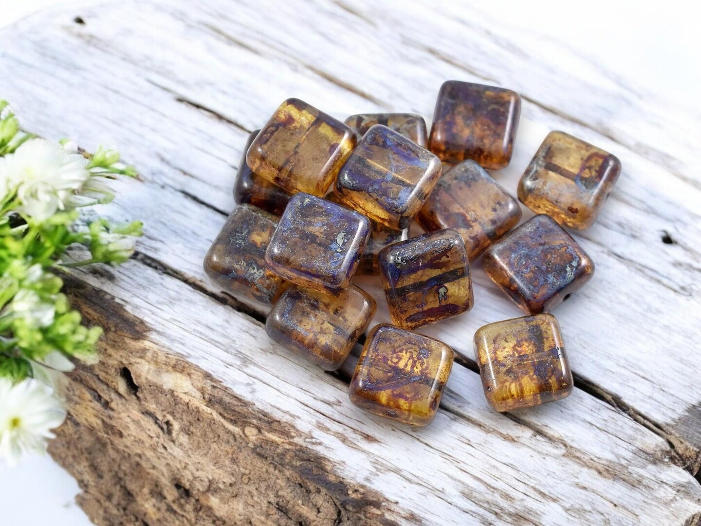 *15* 10mm Crystal Amber Picasso Square Beads