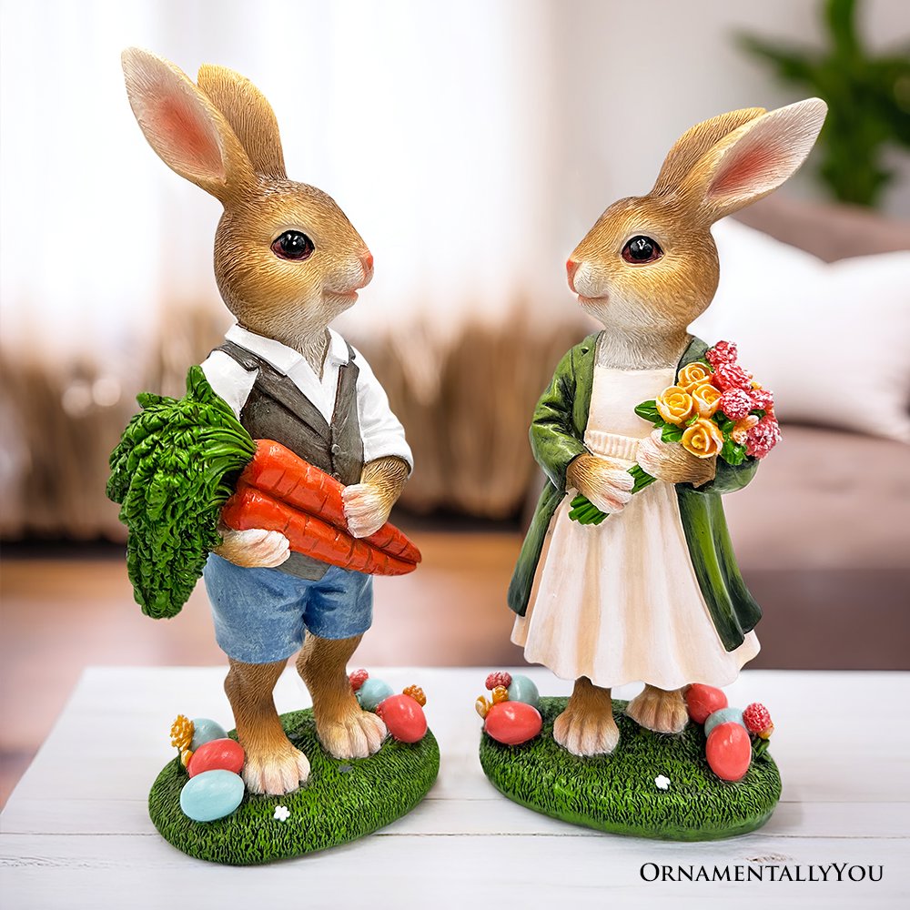 Harvest and Bloom Country Bunny Pair Figurine, 8&#x22; Rabbit Garden Statue Set