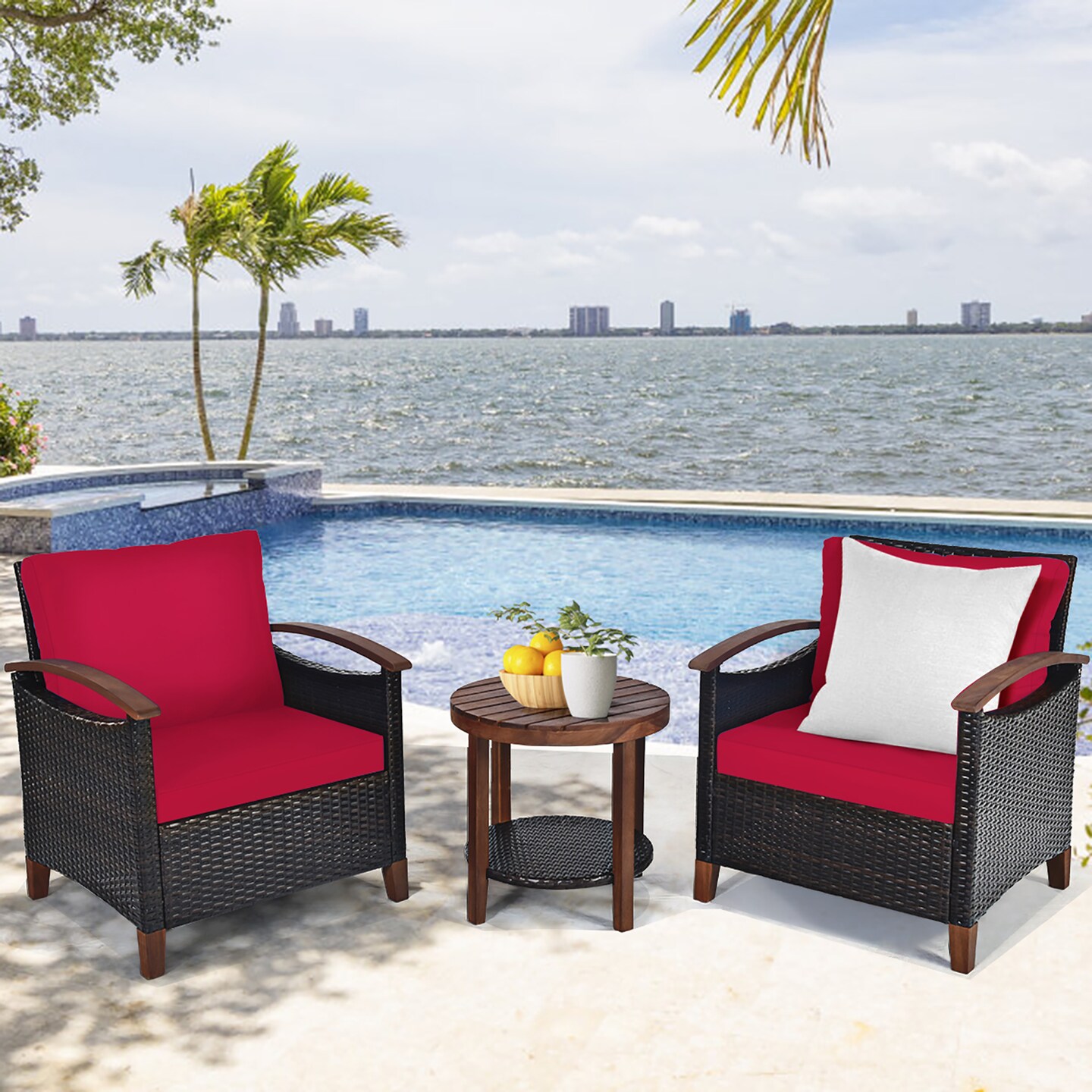 Costway 3PCS Patio Rattan Furniture Set Wooden Frame Cushion Table Shelf Red\Beige\Blue