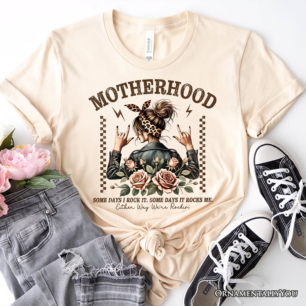 Motherhood Mama Rock T-Shirt, Retro White and Natural Tee for Strong and Rocking Mothers