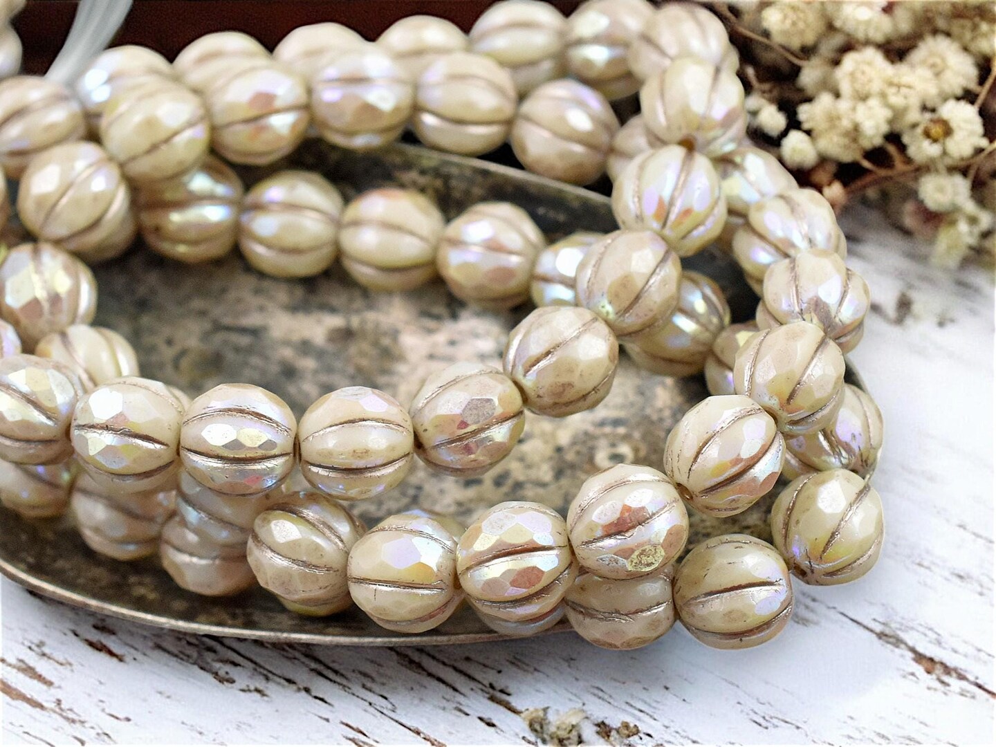 Metallic Beige Washed Ivory AB Faceted Round Melon Beads - 6mm or 8mm