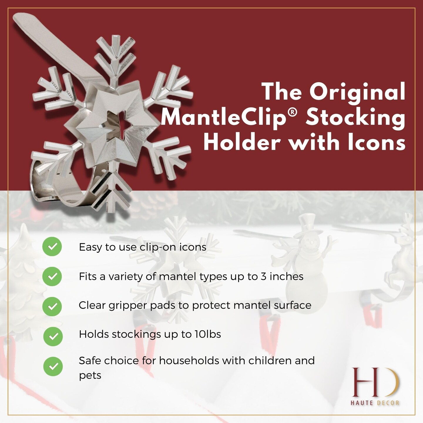 Haute Decor MantleClip Stocking Holders with Removable ZINC Alloy Holiday Icons (4-Pack Assorted Icons)