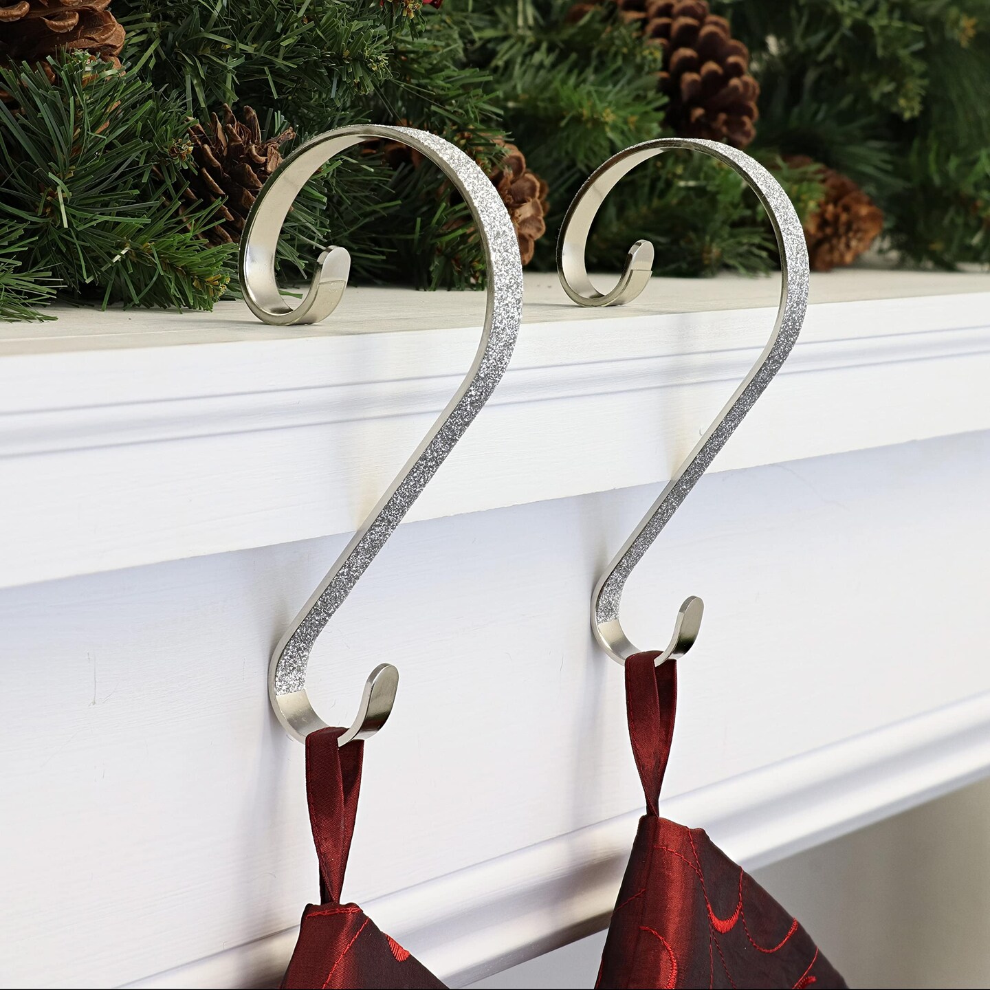 Haute Decor Stocking Scrolls Stocking Hanger 2 Pack Glitter (Silver) - Christmas Stocking Holder Hooks for Holiday Mantel - Fits Most Mantles
