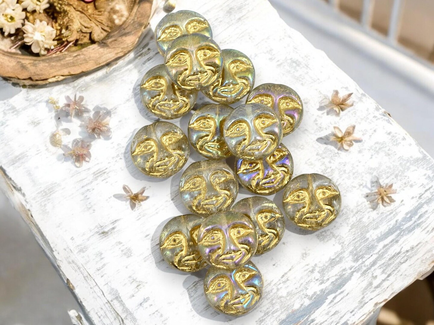 *15* 13mm Gold Washed Crystal AB Moon Face Coin Beads