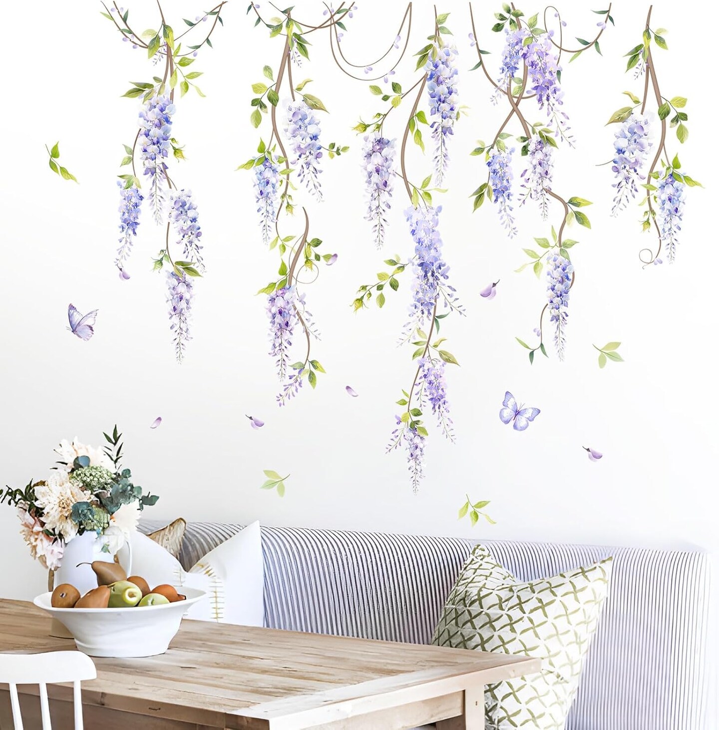 Purple Flower Wall Decals, Hanging Wisteria Floral Green Leaves