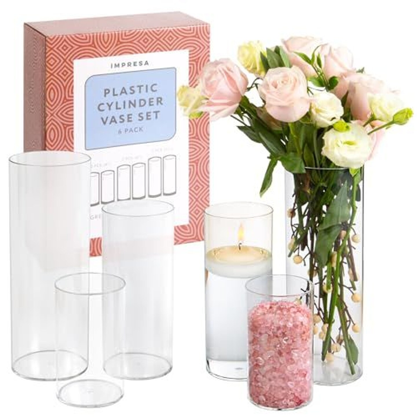 [6 Pack] Plastic Clear Cylinder Vases Set for Weddings, Home, Office - Clear Vase Set with 6&#x22;, 9&#x22; &#x26; 12&#x22; Plastic Vases - 2 Plastic Cylinder Vases for Centerpieces in Each Size - Cylinder Vase Set of 6