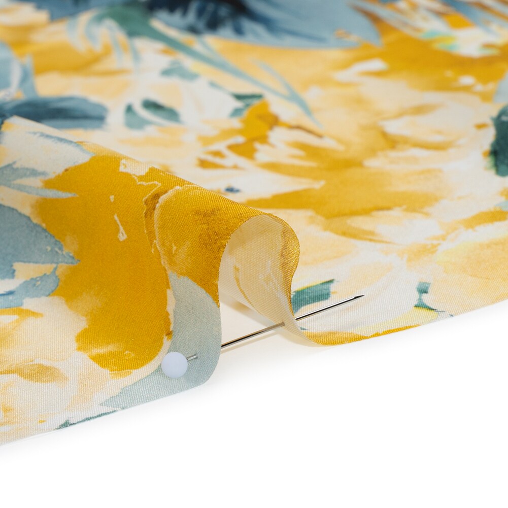 1 Yard Silk Charmeuse Print Yellow & Dark Teal 53" Wide Luxury Fabric for Dresses, Skirts & Blouses