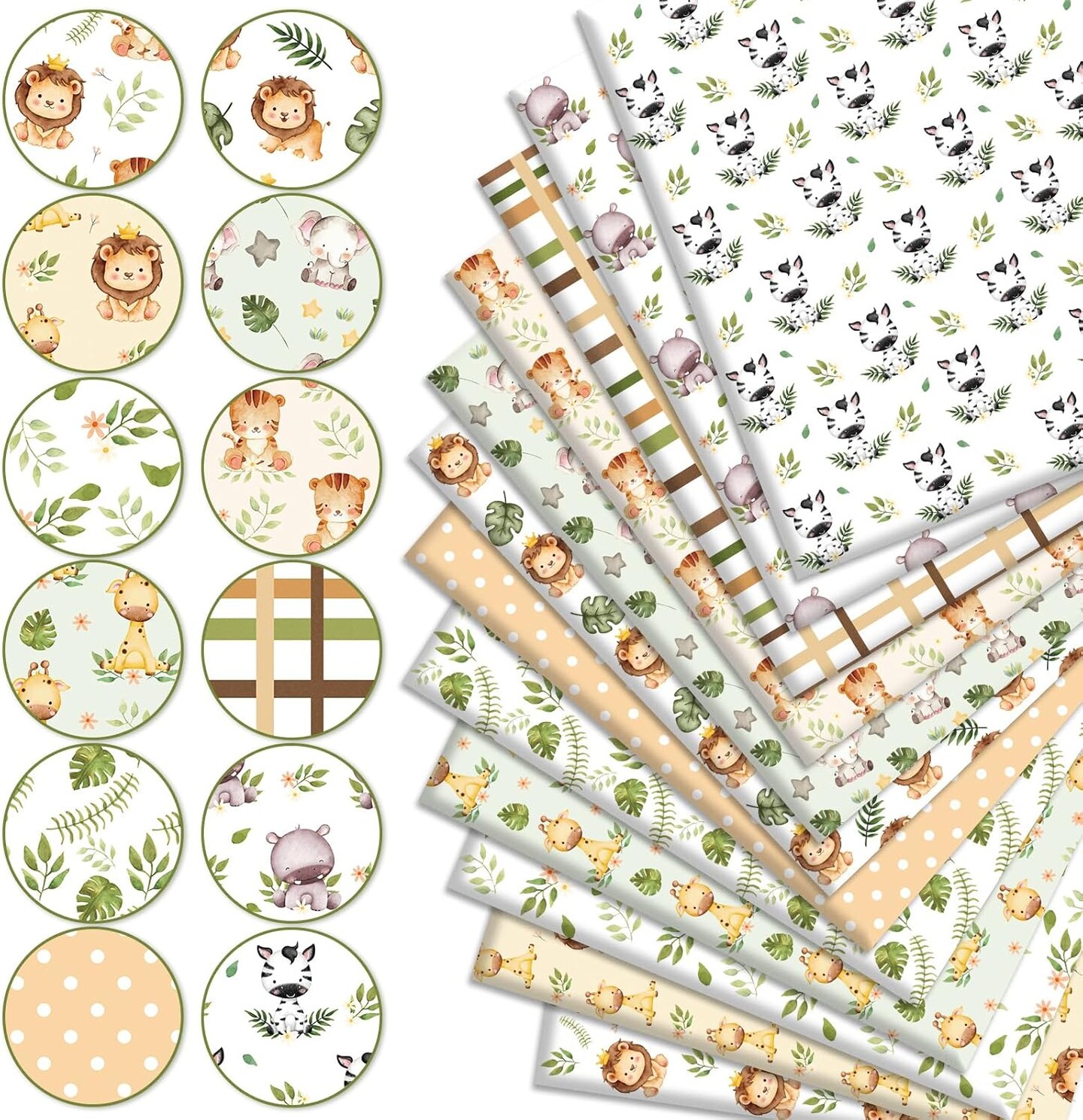 12Pcs Safari Cotton Fabric Bundles Watercolor Safari Animals Printed Fabric,10 x 10 in