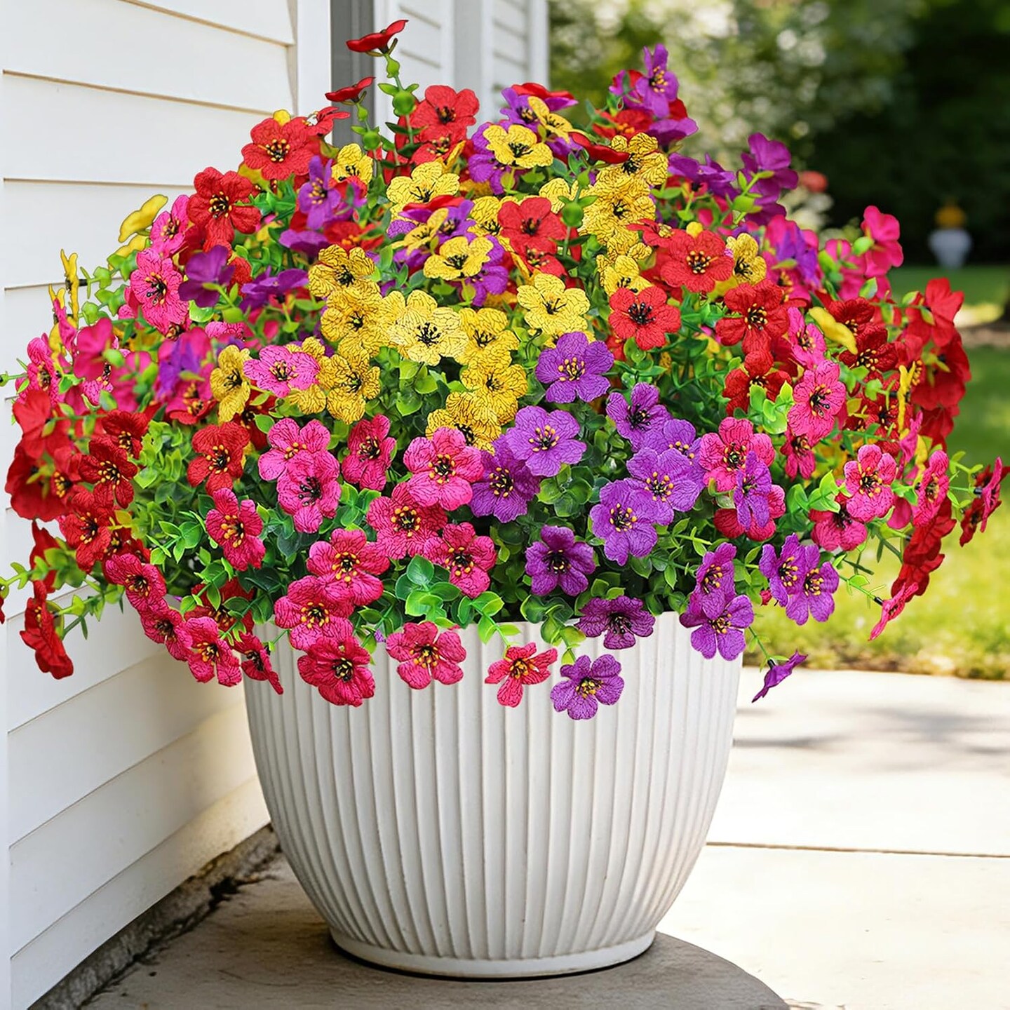12 Bundles Artificial Silk Flowers for Outdoor Decor, UV Resistant Faux Daisy Plants with Eucalyptus Leaves, Fake Flowers for Porch Patio Garden Balcony Home Decoration, Purple Red Yellow Hot Pink
