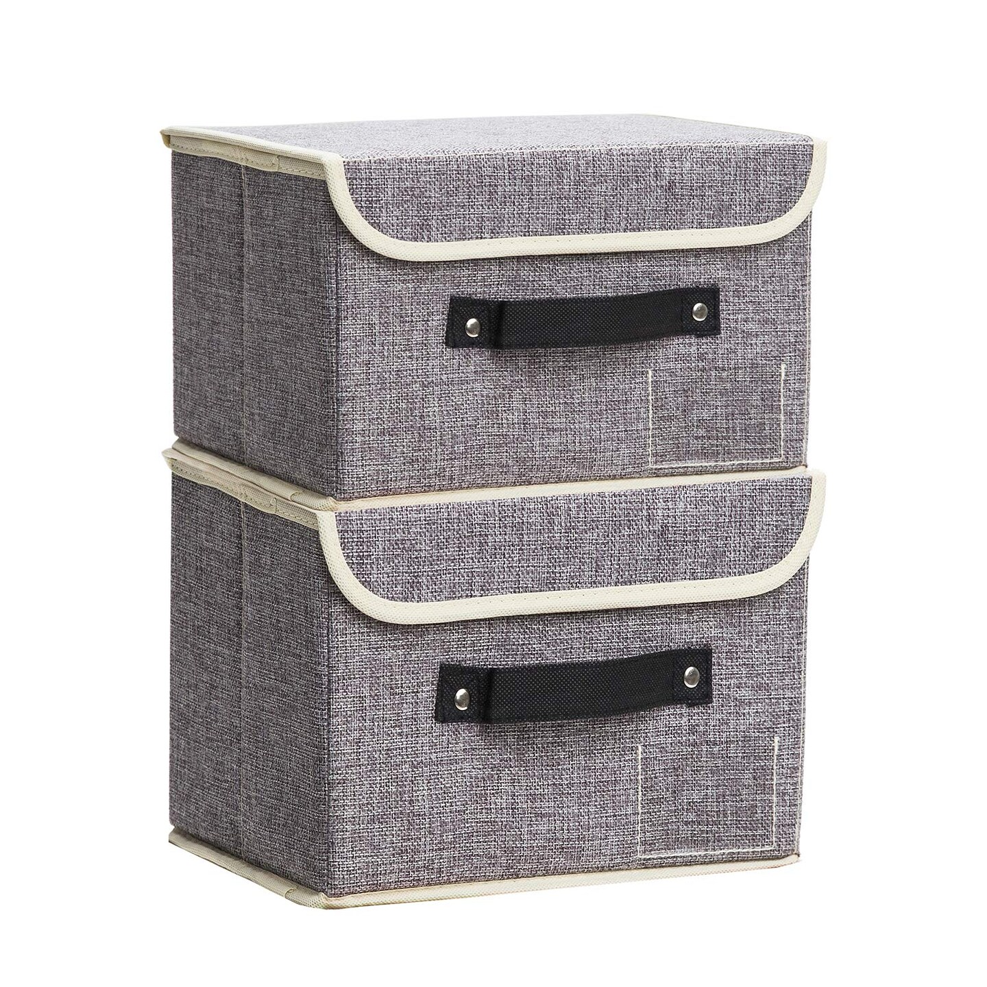 Small Storage Bins with Lids 2 Pack Linen Collapsible Cube Storage Basket with Handle, Jane's Home Foldable Fabric Storage Box with lids for Clothes Closet, Ornament Grey