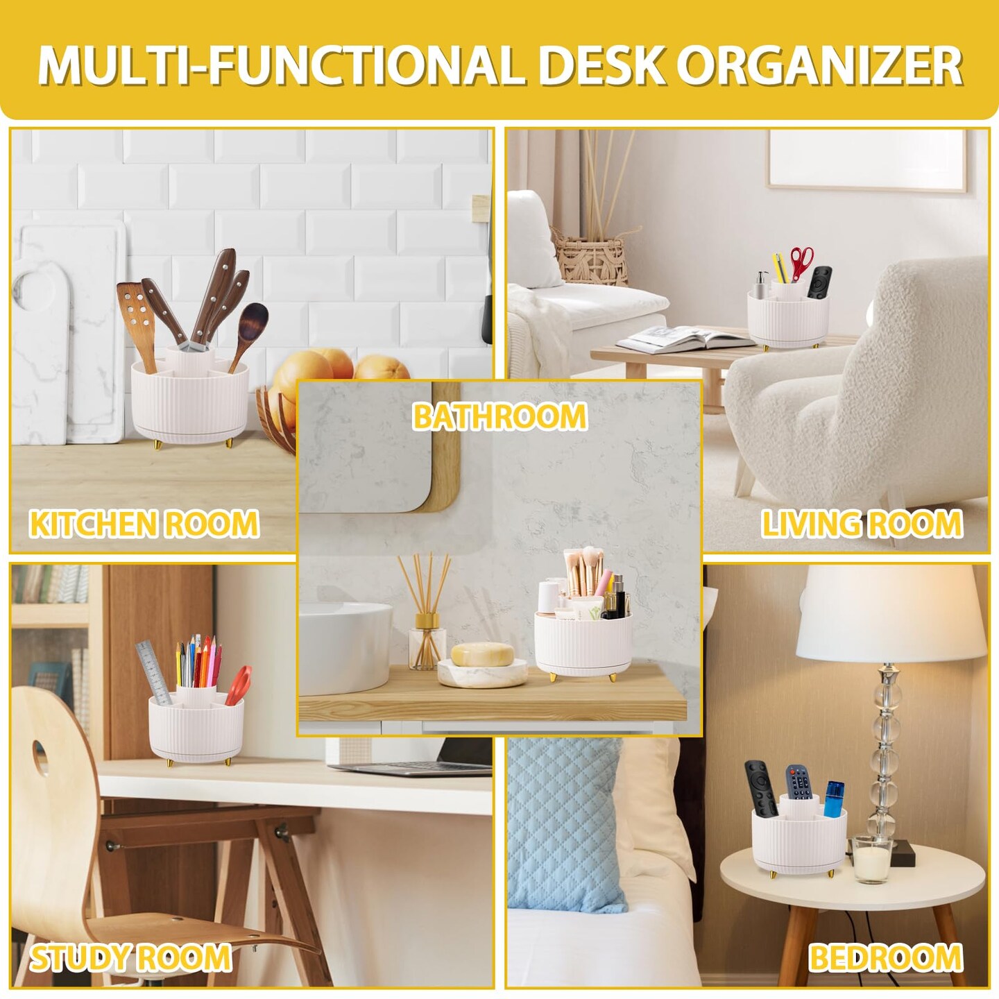 Makeup Brush Holder, Multi-angle Rotating Makeup Organizer, Multifunction Cosmetic Organizer for Bathroom Countertop, Bedroom Nightstand, Desktop, Makeup Desk Organizer, White