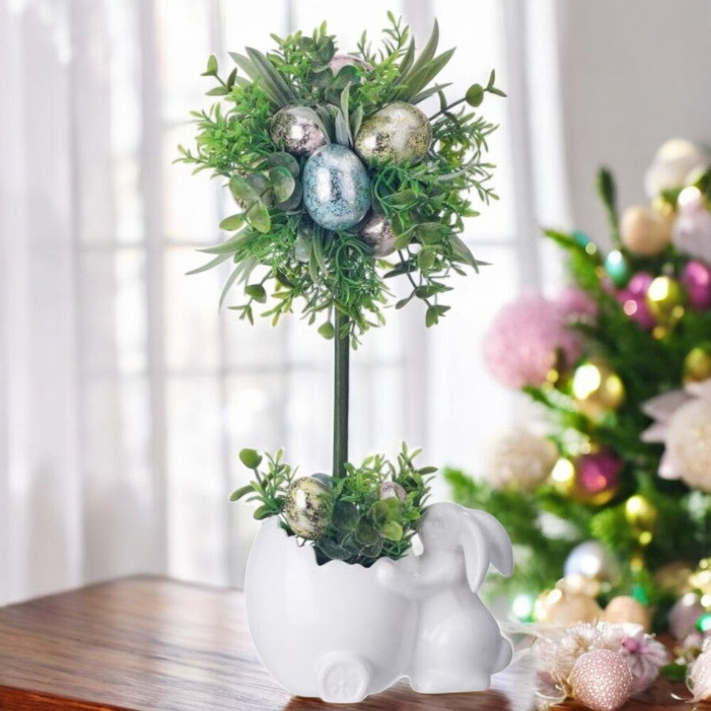 14" Ceramic Bunny Pot with Egg Topiary – Easter Tabletop Decoration