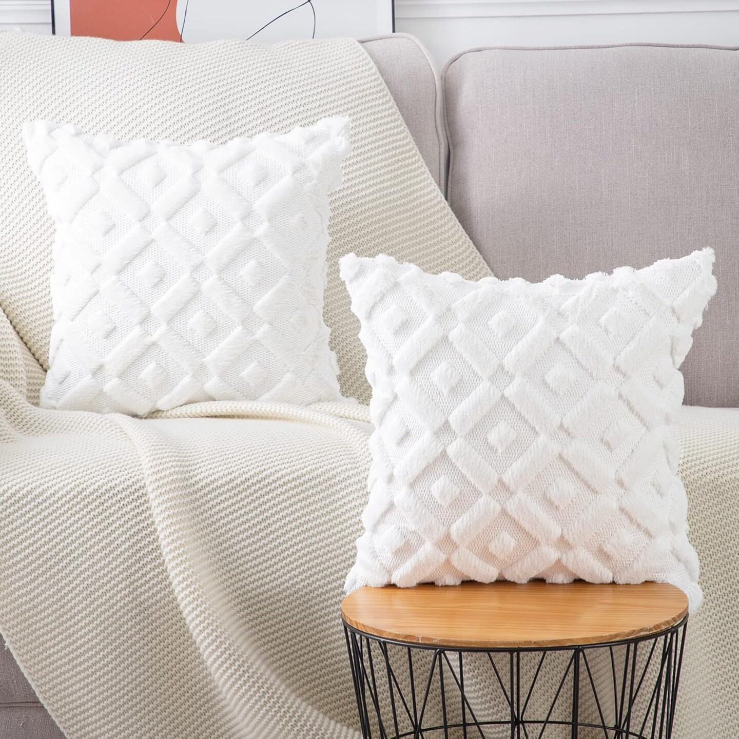 Set of 2 White Plush Short Wool Throw Pillow Covers 18x18 Inch Square Super Soft Cozy Decorative Velvet Cushion Cover for Sofa Bedroom Livingroom Pillow Shell