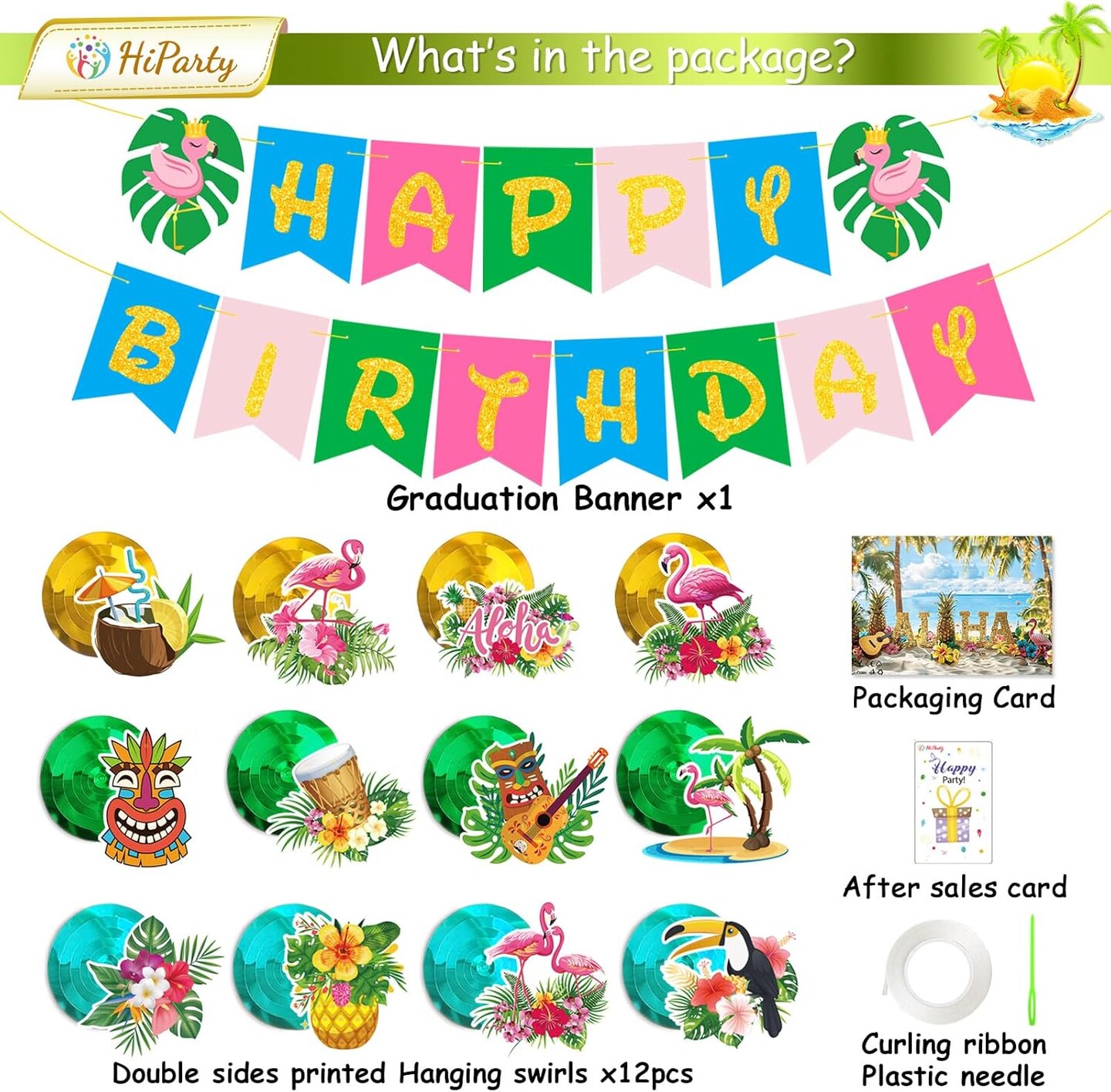 Hawaiian Aloha Party Banner Decorations, Aloha Flamingo Birthday Banner Garland with 12pcs Luau Pineapple Hanging Swirls Banners, Tropical Tiki Summer Beach Pool Birthday Party Decorations