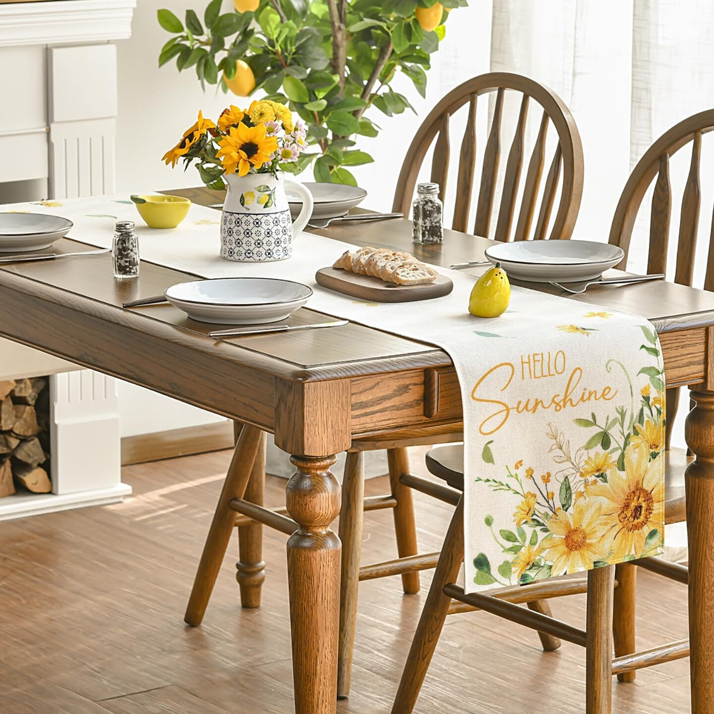 ello Sunshine Sunflower Eucalyptus Summer Table Runner, Seasonal Spring Kitchen Dining Table Decoration for Home Party Decor 13x72 Inch