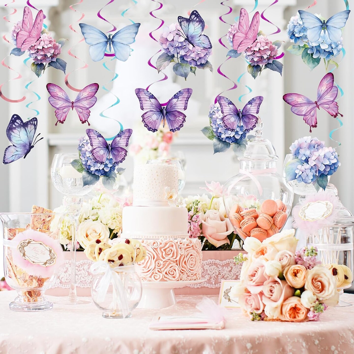 34Pcs Spring Butterfly Floral Hanging Swirls Decoration Butterfly Purple Blue Flower Party Streamer Hanging Ceiling for Spring